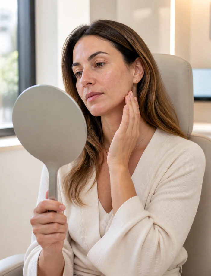 Adult woman viewing cheek and jaw skin in a mirror before a Beauty Booster consultation