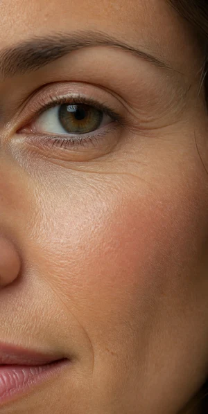 Upper cheek detail showing subtle dehydration lines for Beauty Booster planning