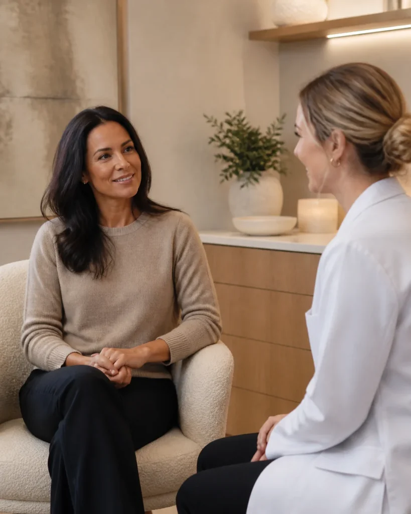 Cliente discutant de soins esthétiques personnalisés avec une professionnelle de Clinique AG