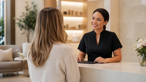 Membre de l’équipe accueillant une cliente pour une consultation esthétique