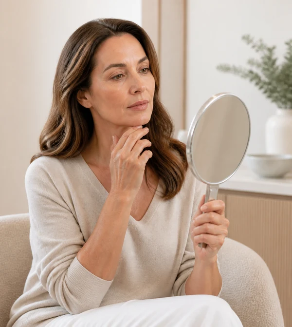 Adult woman considering facial treatment options with a mirror