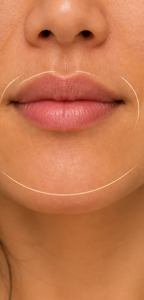 Lip treatment area with curved guide lines for Hyaluronic Acid Dermal Fillers at Clinique AG in Montreal