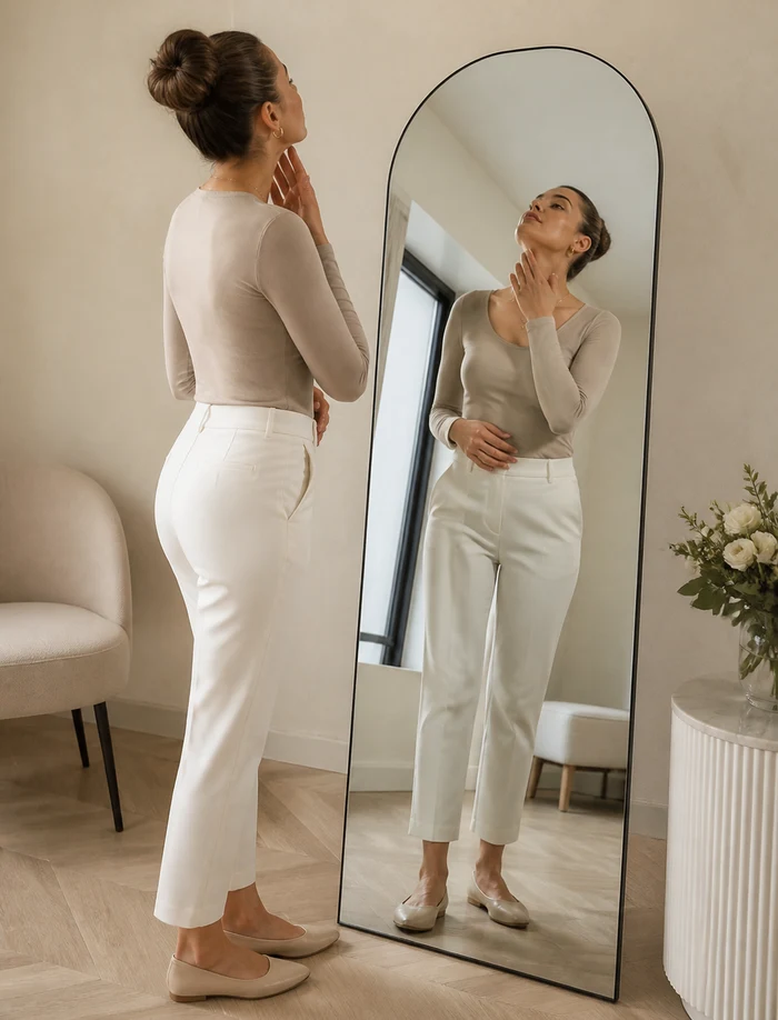 Adult woman reviewing her chin profile and natural body contour in a mirror