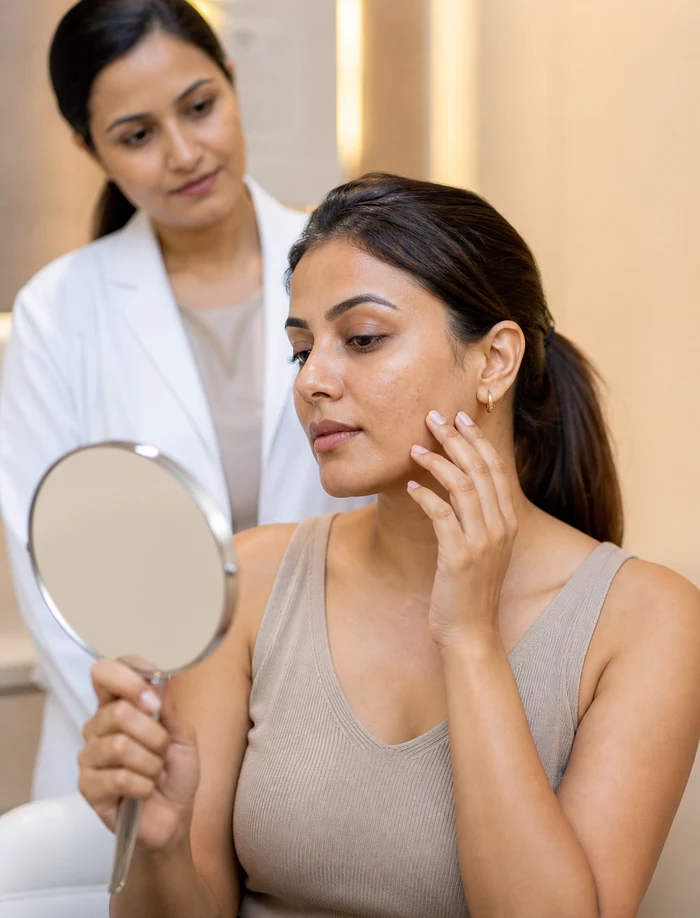 Adult client using a mirror during a pigmentation-focused consultation