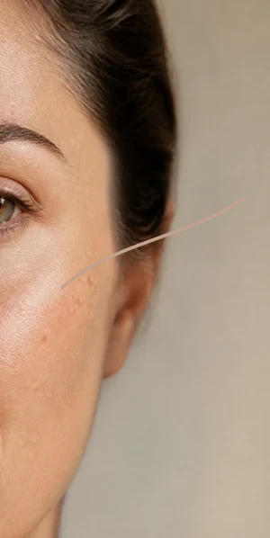 Close cheek view of subtle visible dark spots with one curved guide