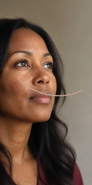 Close facial view of subtle uneven tone with one curved guide