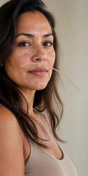 Facial portrait showing an overall pigmentation distribution with one curved guide