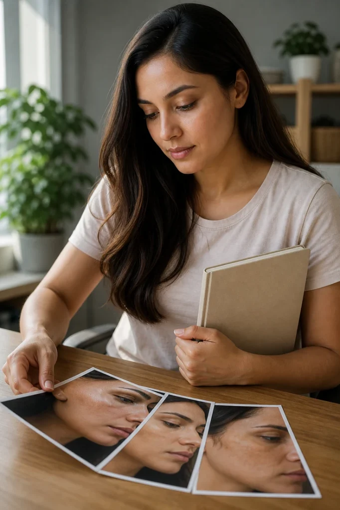 Cliente adulte préparant des photos et son historique cutané pour la consultation