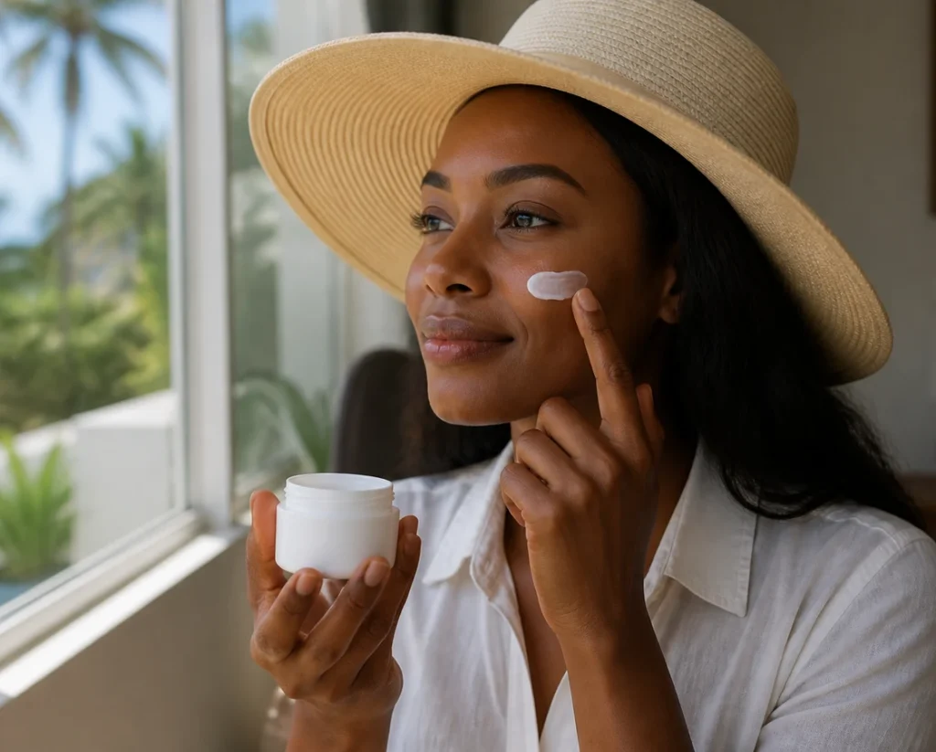 Sun-protection care scene with a plain unbranded container