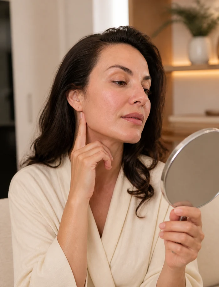 Femme adulte observant la peau des joues et de la mâchoire avant une consultation revitalisation cutanée injectable