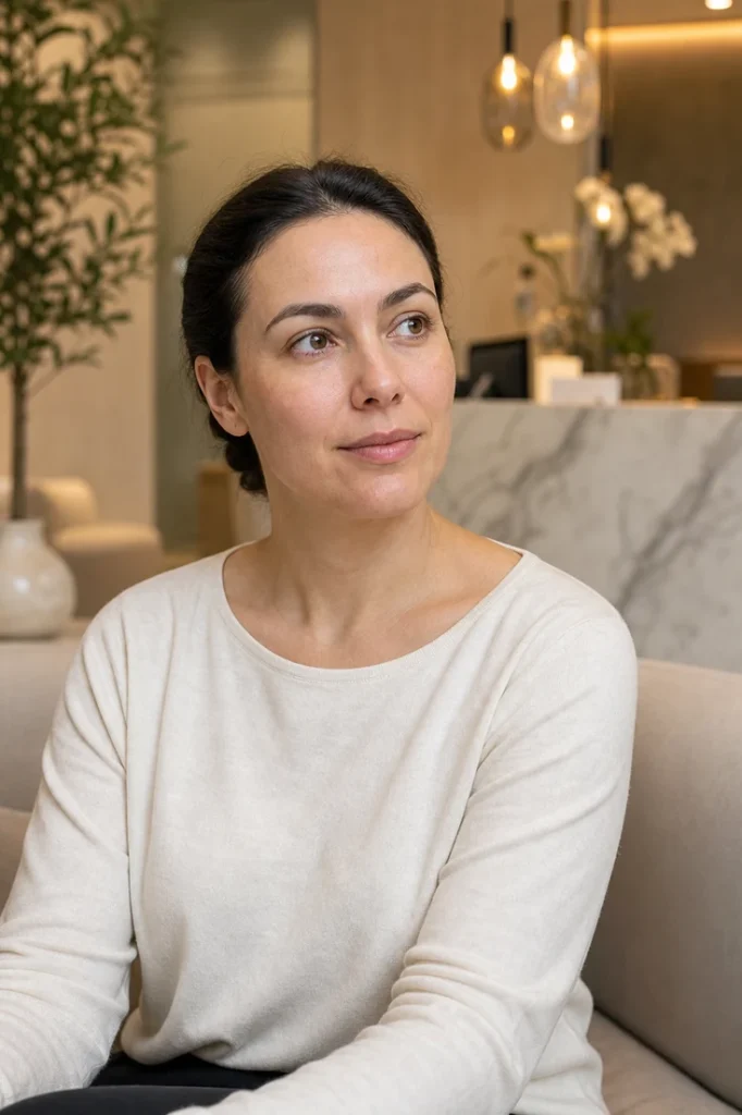 Femme adulte à la peau hydratée d'apparence saine après une consultation revitalisation cutanée injectable