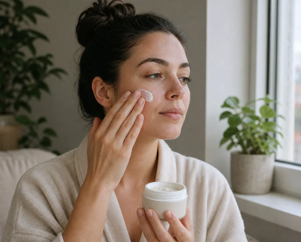 Adulte appliquant des soins doux sans marque après une revitalisation cutanée injectable